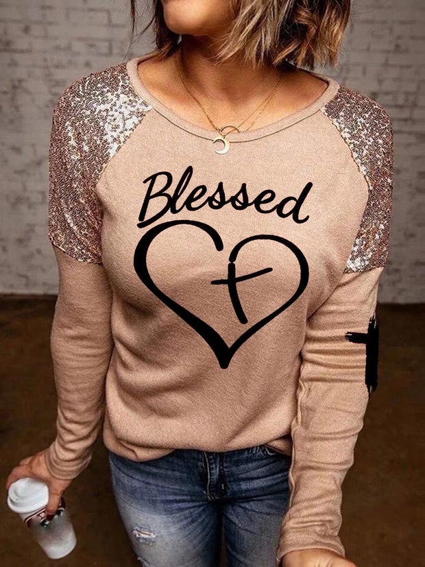 Jesus Has My Back, Blessed Cross Heart Sequined Splicing Long Sleeve T shirt