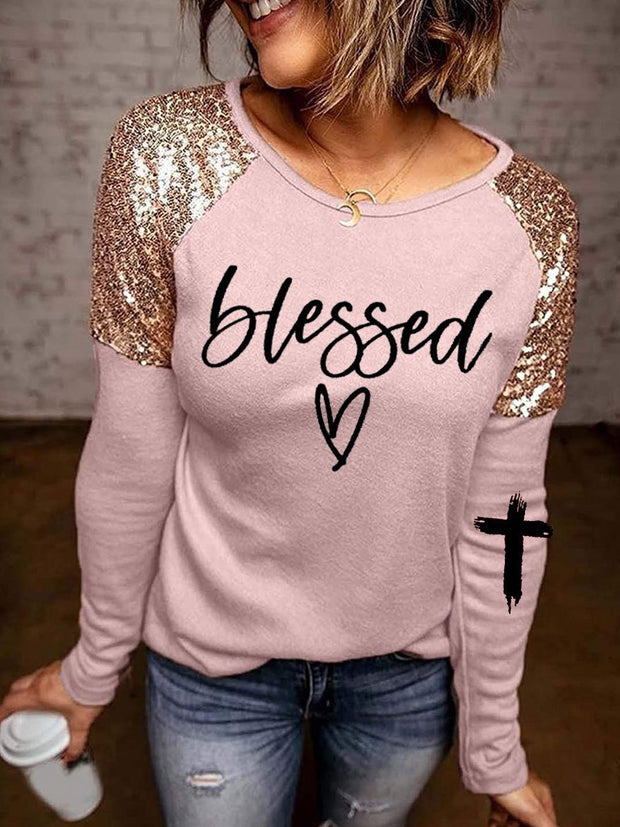 Jesus Has My Back, Blessed Sequined Splicing T shirt