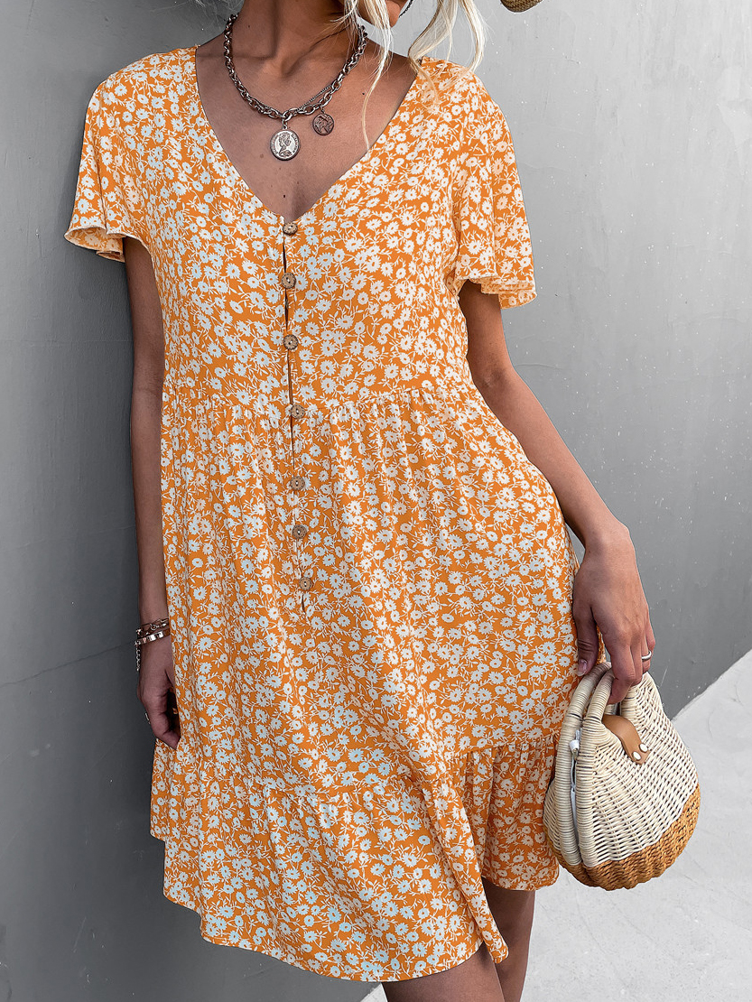 Floral Print Single Breasted V Neck Short Sleeve Dress