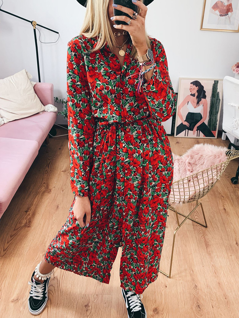 Lapel Floral Print Long Sleeve Shirt Dress