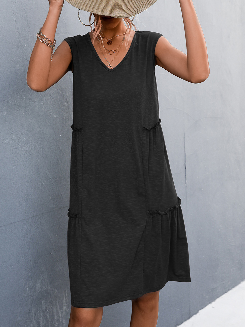 Solid Color V Neck Sleeveless Tank Top Knit Dress