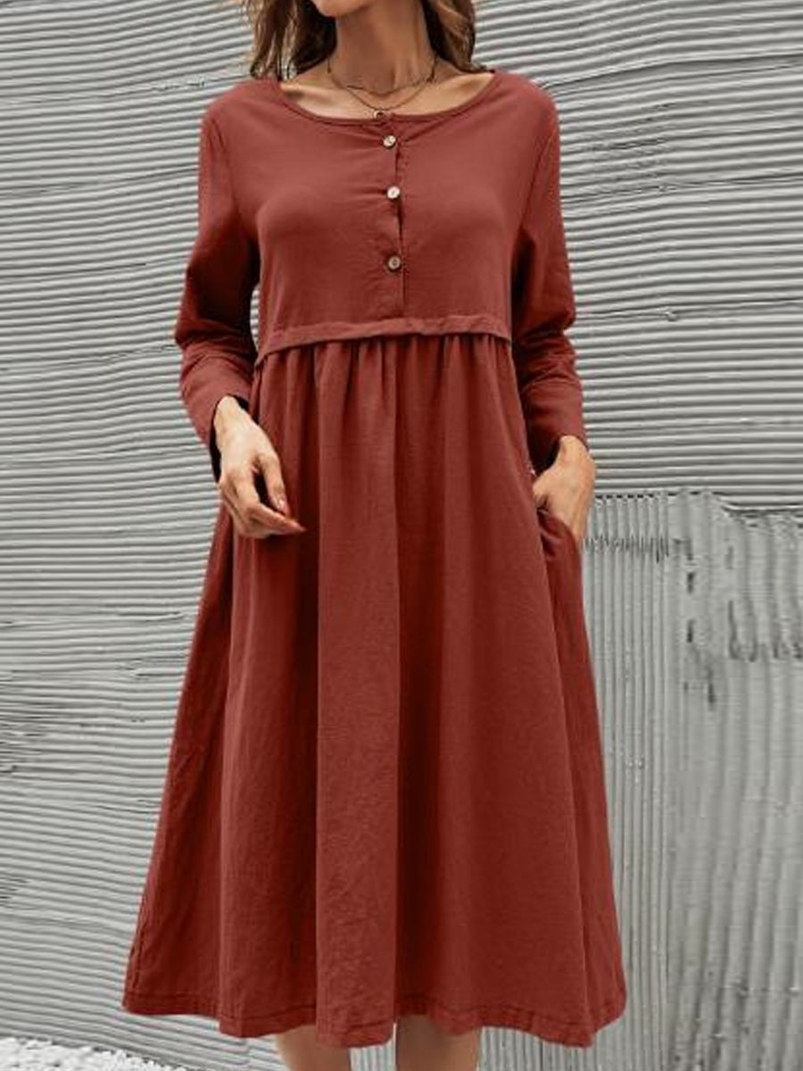 Loose Button Pocket Cotton And Linen Dress