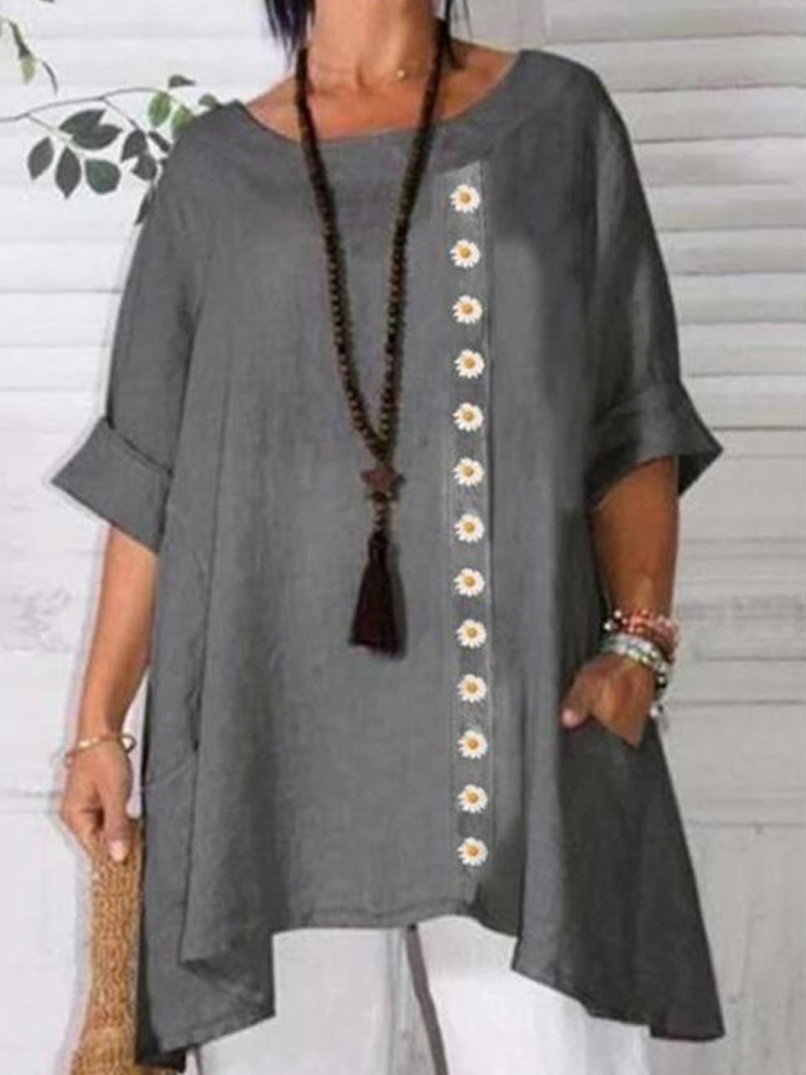 Cotton Linen Daisy Print Loose Shirt