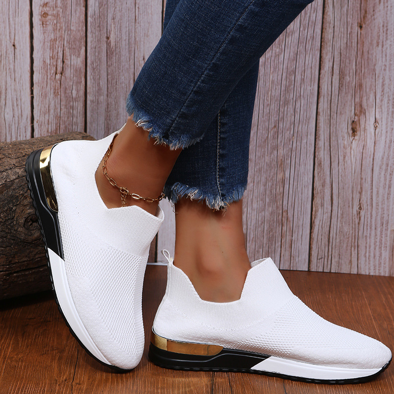 Women's Round Toe Solid Color Flyknit Sneakers