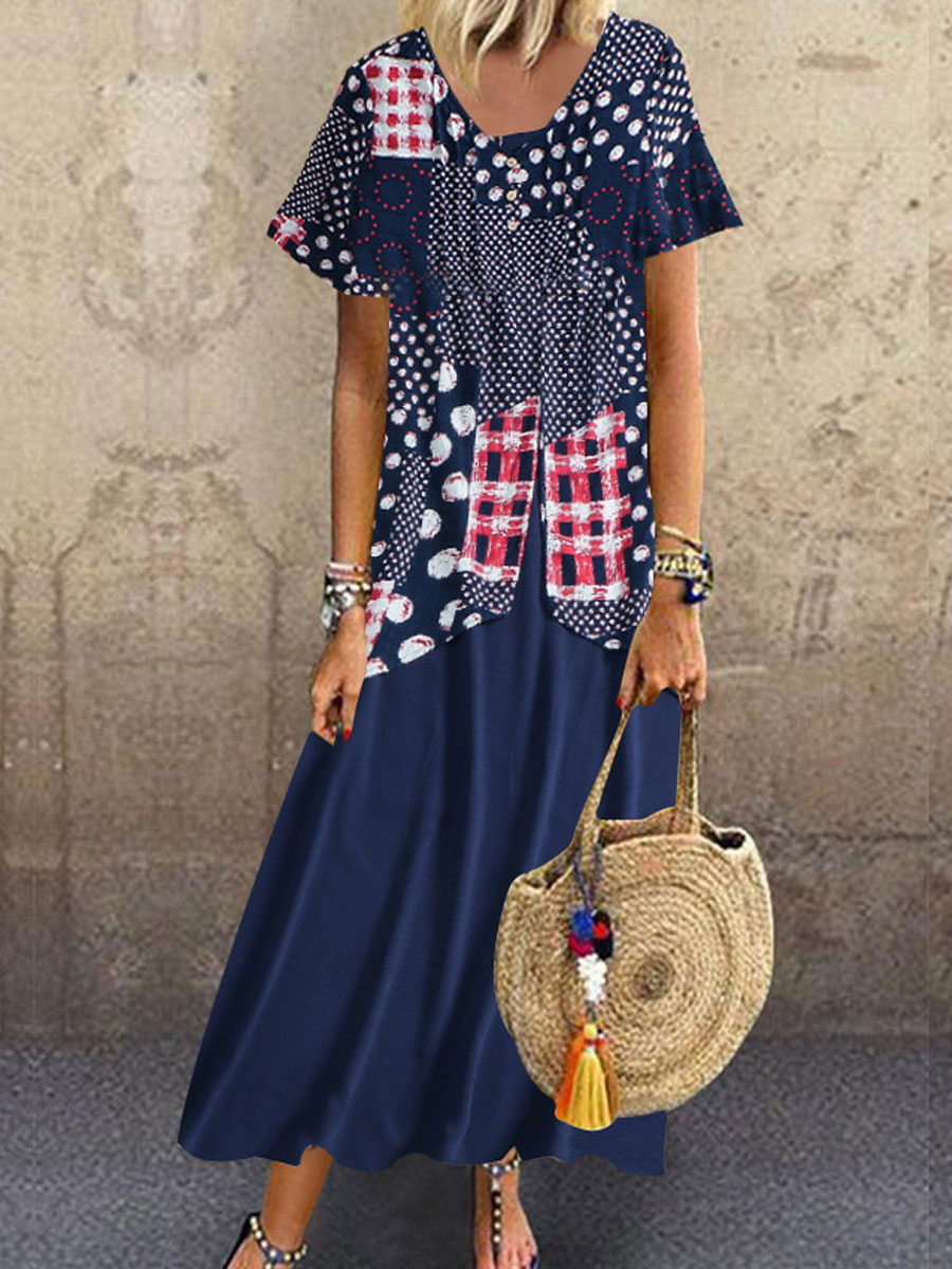 V neck Polka dot Print Paneled Loose Short sleeved Maxi Dress