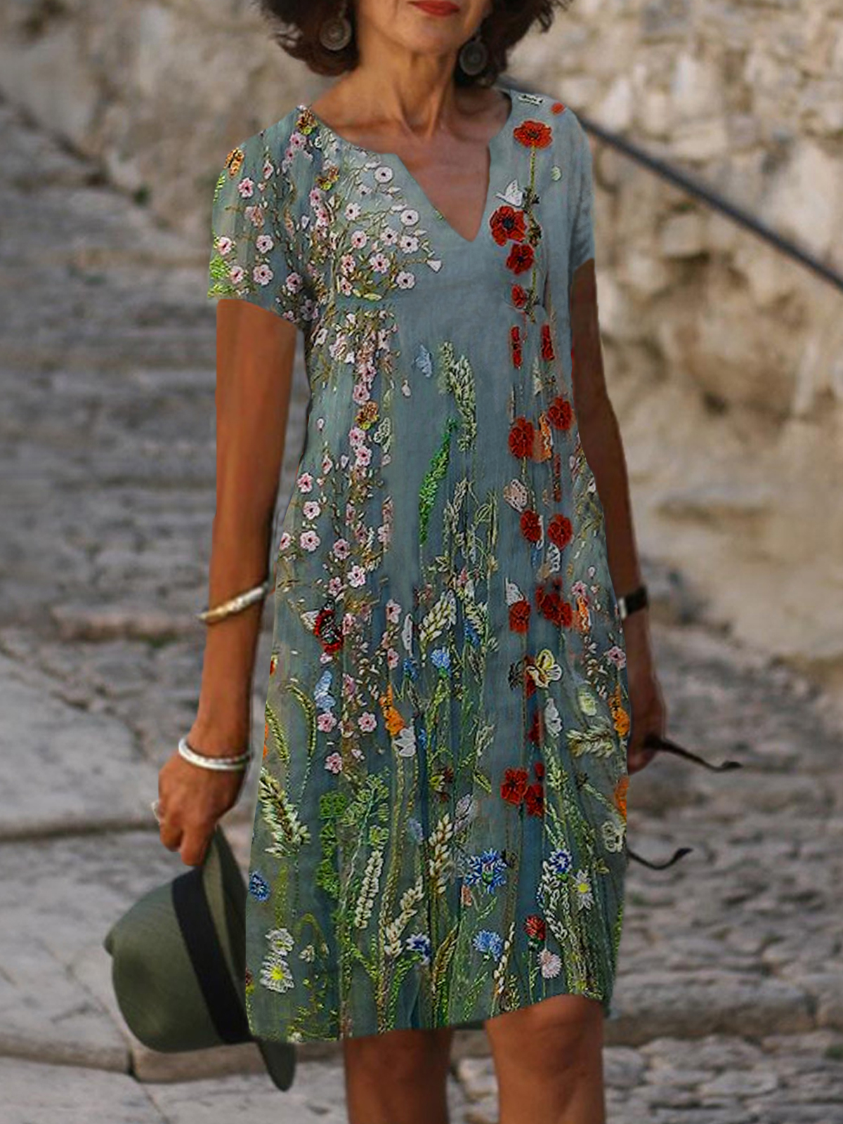 Floral Print V neck Short Sleeve Midi Dress Women