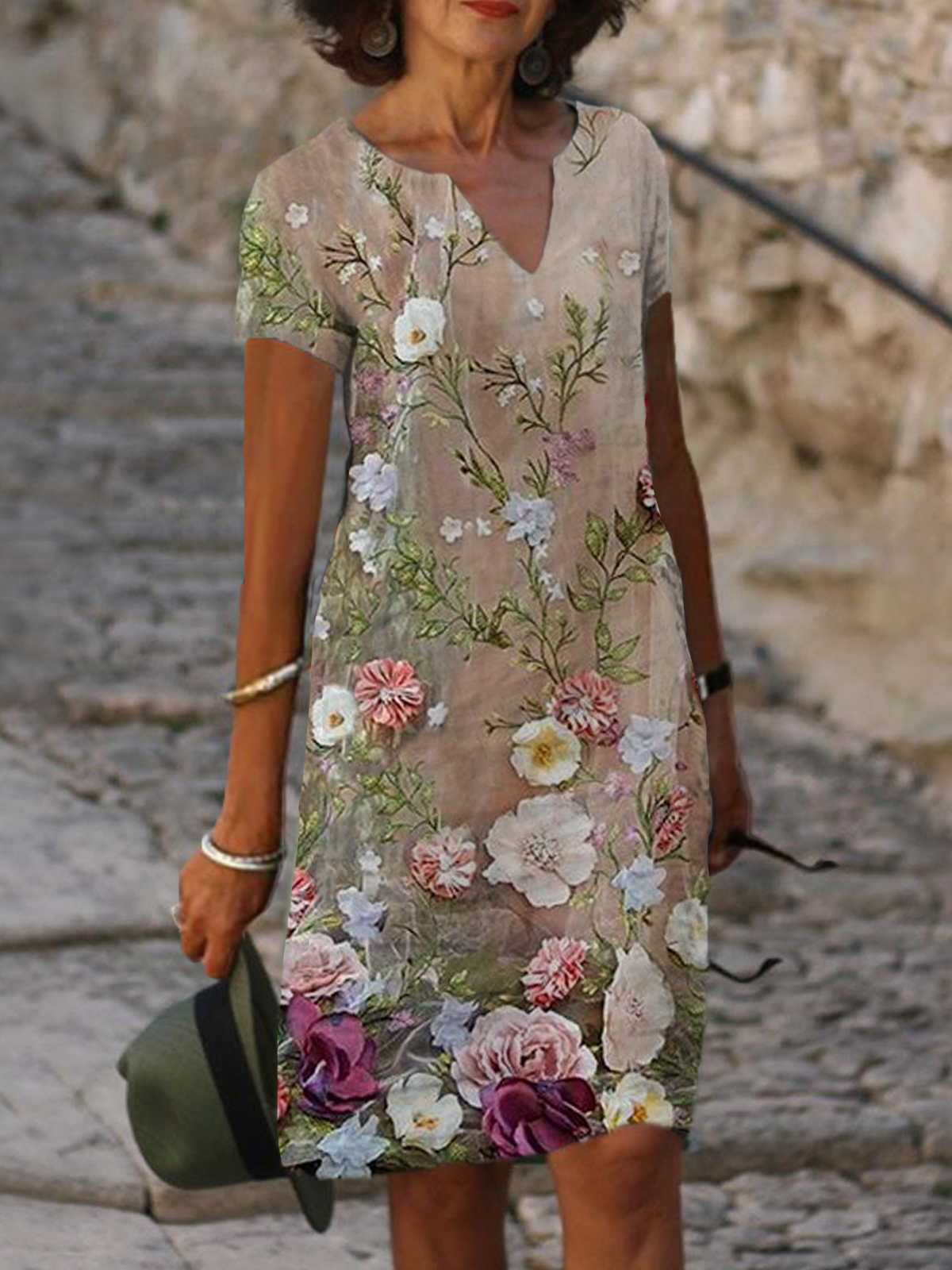 Floral Print V neck Short Sleeve Midi Dress Women