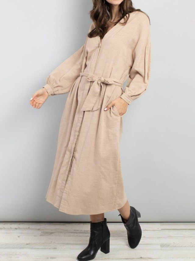 Light Khaki V Neck Half Open Puff Sleeve Long Dress