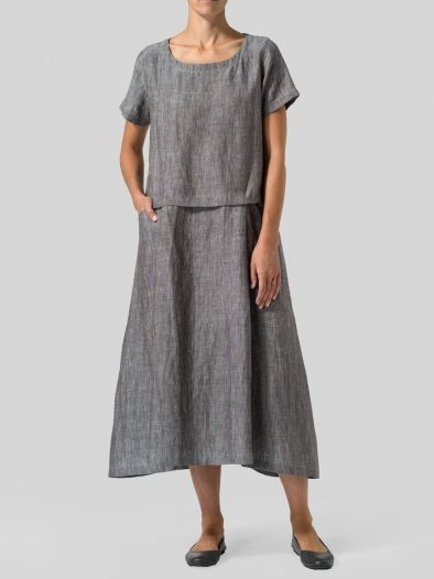 Grey Cotton Linen Loose Umbrella Skirt Round Neck Short Sleeve Suit
