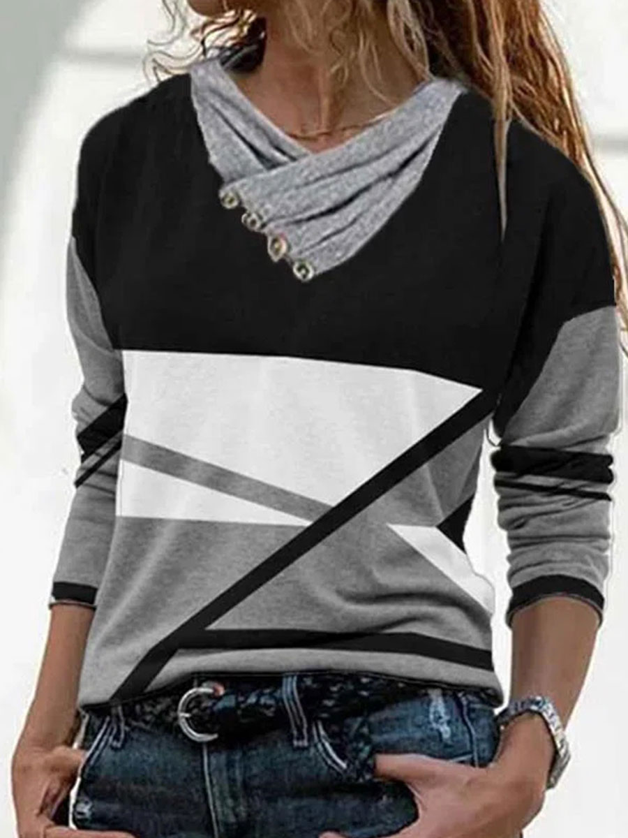 Fashion Color Matching Pile Collar Long sleeved Casual T shirt