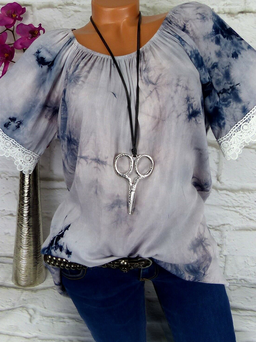 Women's Casual Printed Lace Short Sleeve T Shirt