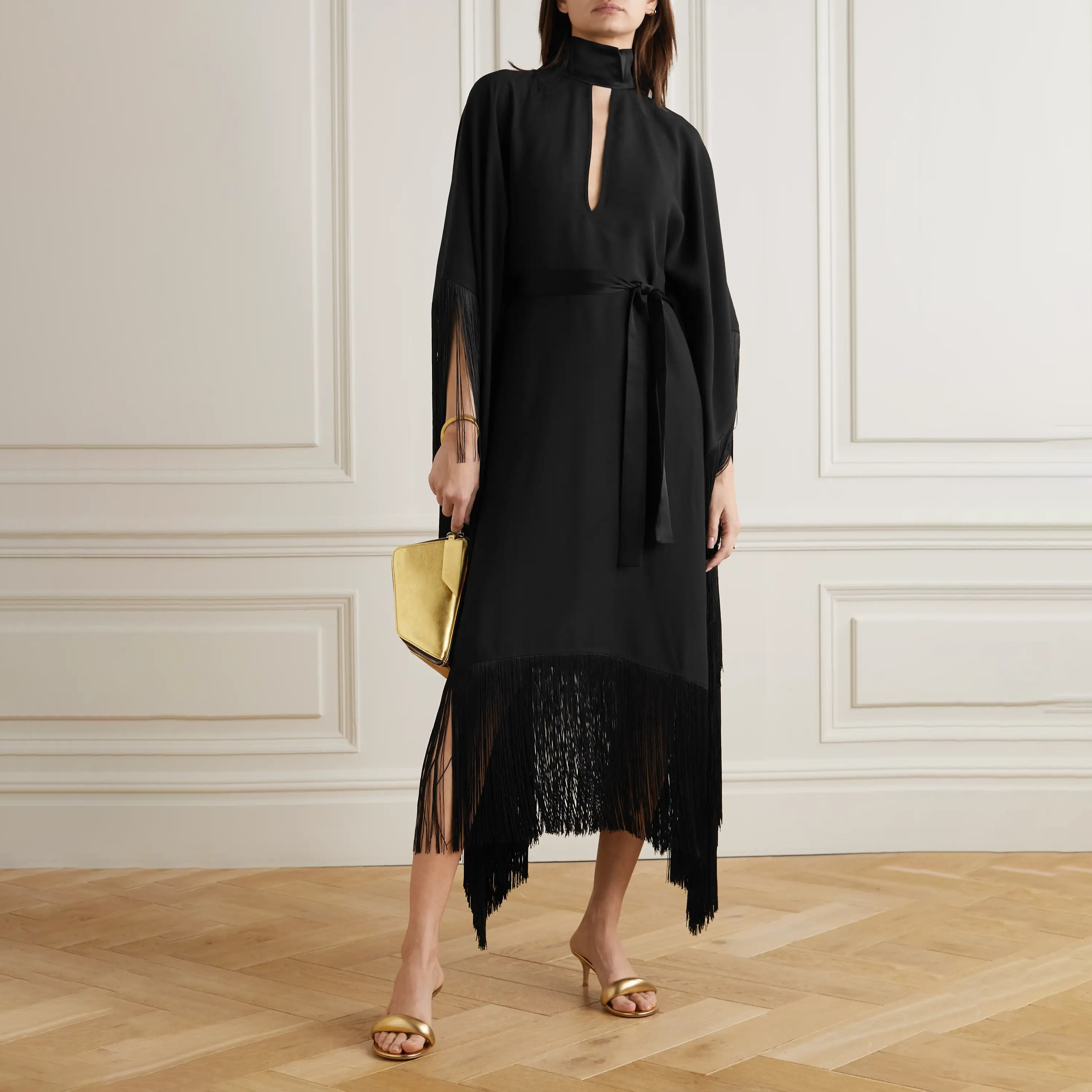 Women's Elegant Black Satin Fringe Robe Dress