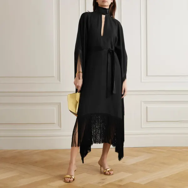 Women's Elegant Black Satin Fringe Robe Dress - Seeklit.com 