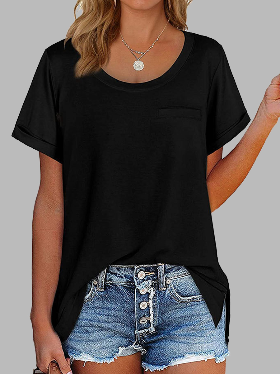 Fashion Casual Solid Color Pocket Slit Round Neck Short Sleeve T Shirt