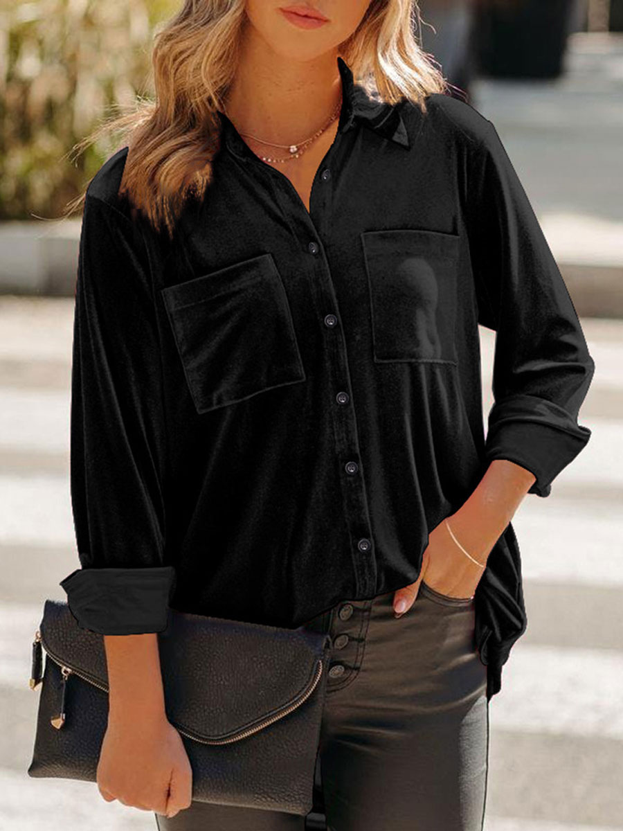 Loose Casual Gold Velvet Solid Color Long Sleeve Blouse