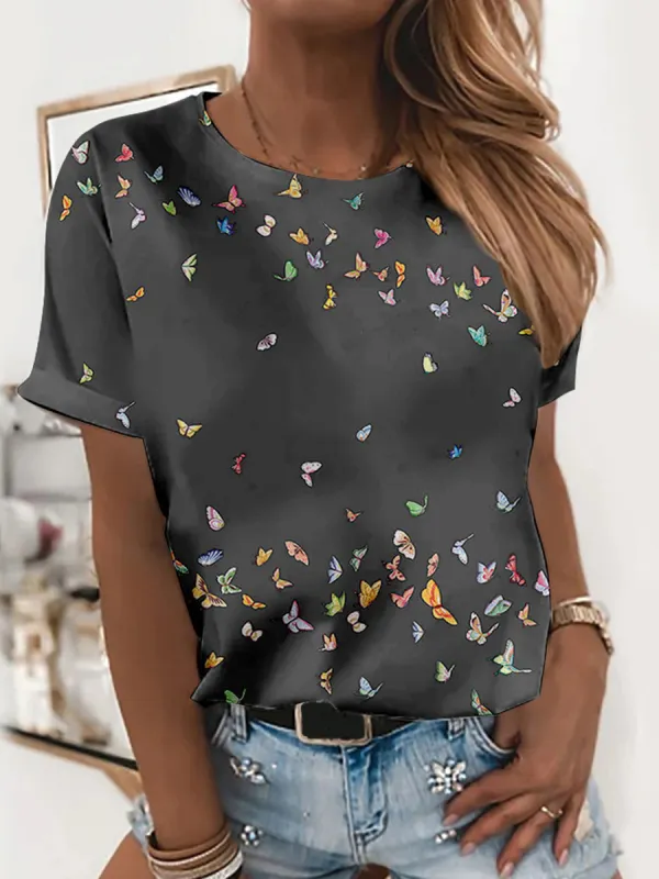 Butterfly Print Short Sleeve T-Shirt - Oasisjoy.com 