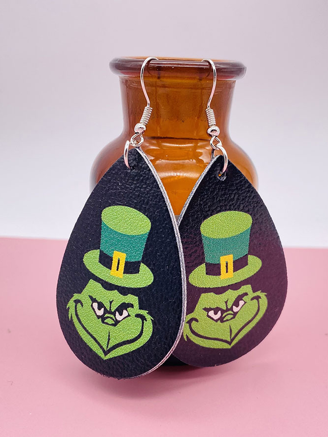 St. Patrick's Green Day Leather Earrings Grinch Green Hat Double Sided Print Earrings Fashion Earrings