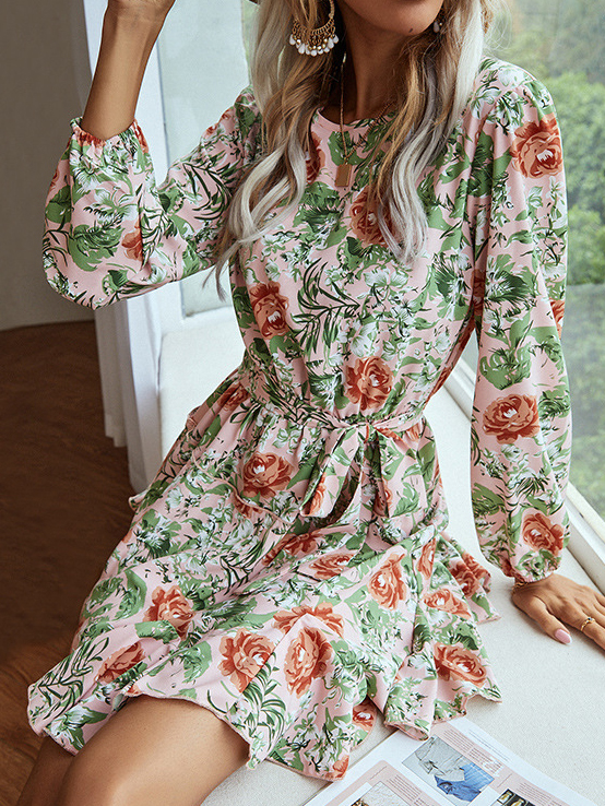 Floral print Crew neck Long sleeve Skater Dress