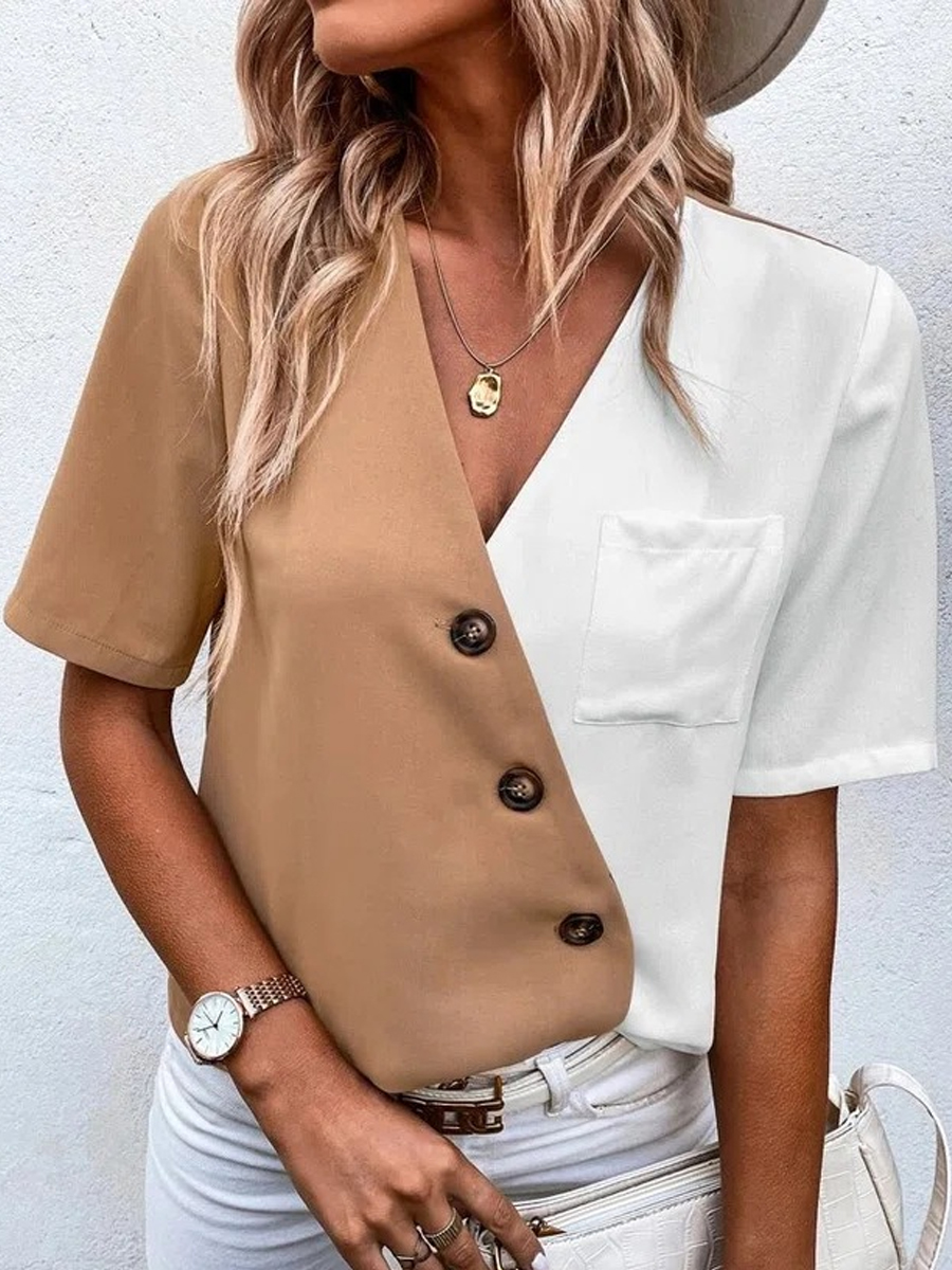 Loose Casual Colorblock V Neck Button Short Sleeve Shirt