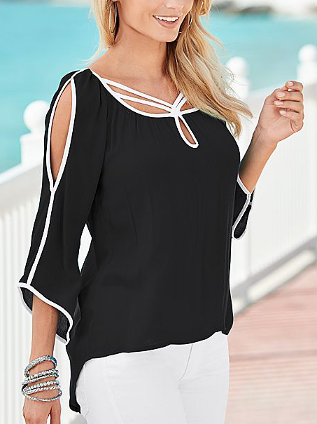 Solid Color Irregular Doll Sleeve Cutout Off Shoulder Panel Shirt