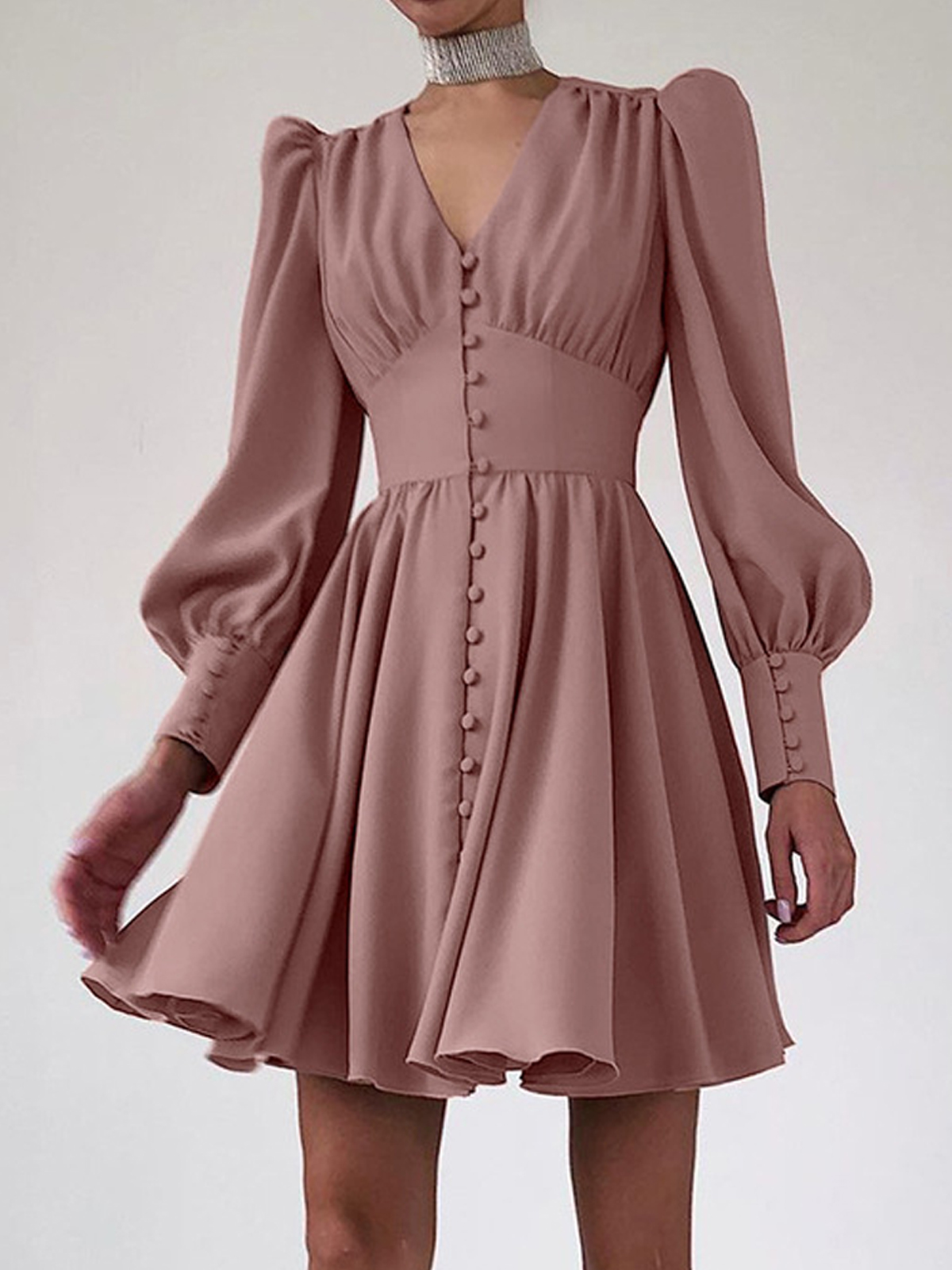 Solid Color V neck Puff Sleeve Button up Midi Dress