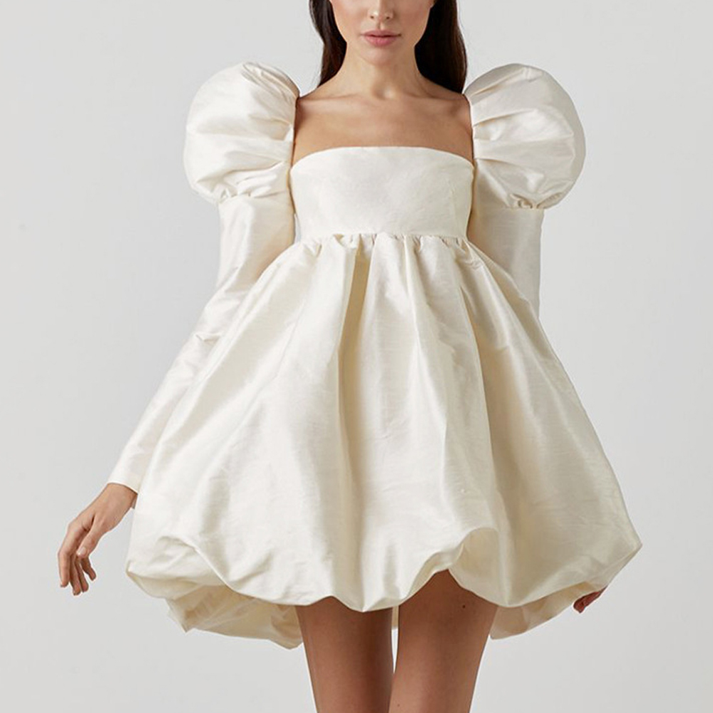 Solid Color Puff Sleeve Midi Dress