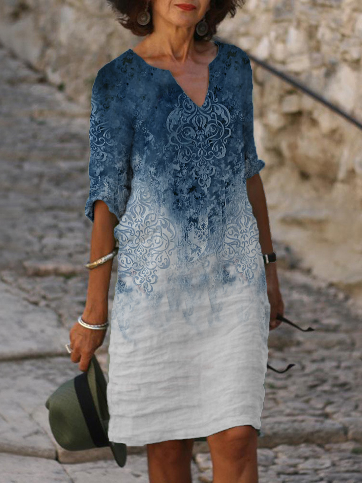 Vintage Print V neck Midi Dress Women