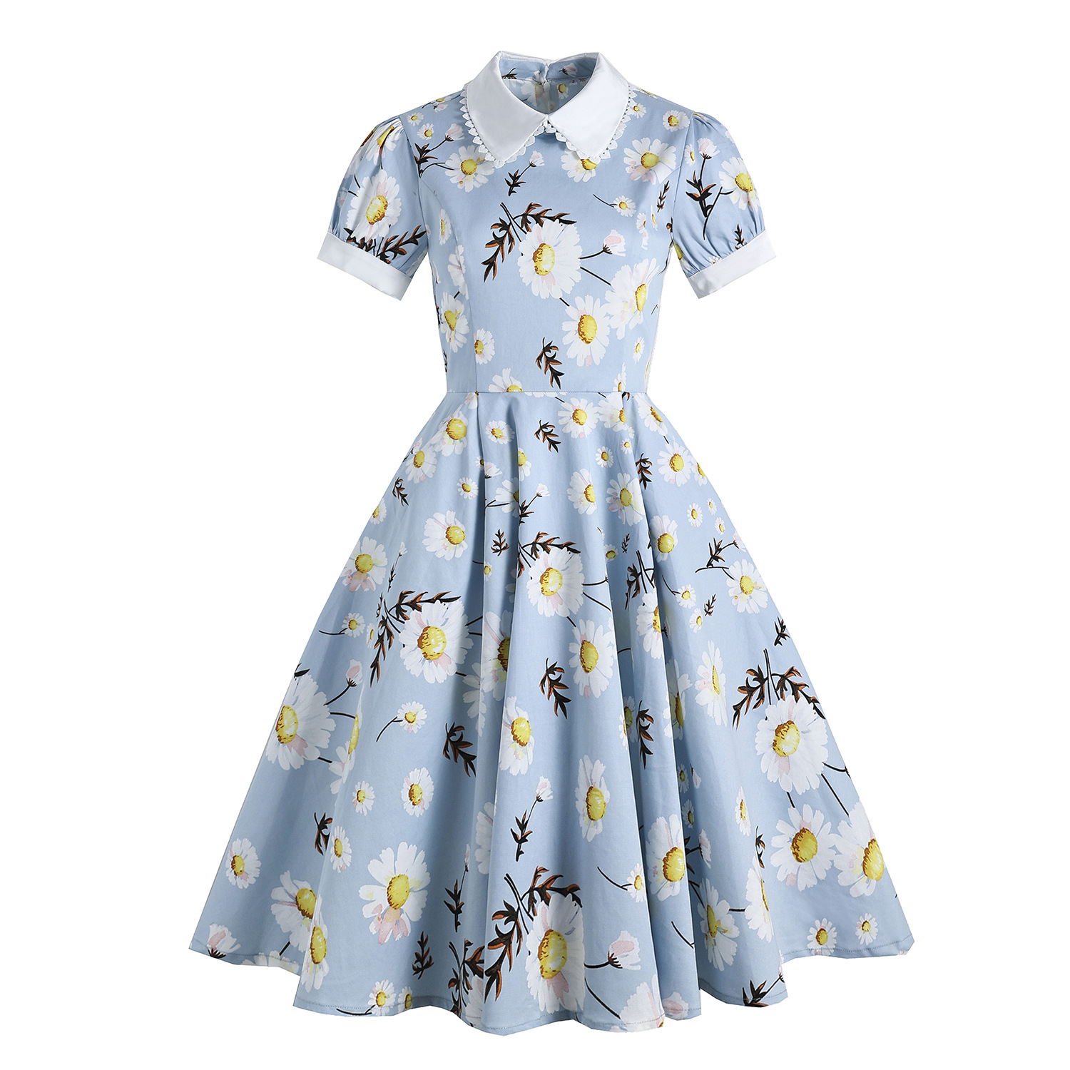 Hepburn Style Retro British Court Doll Collar Daisy Print Short sleeved Large Swing Mid length Dress