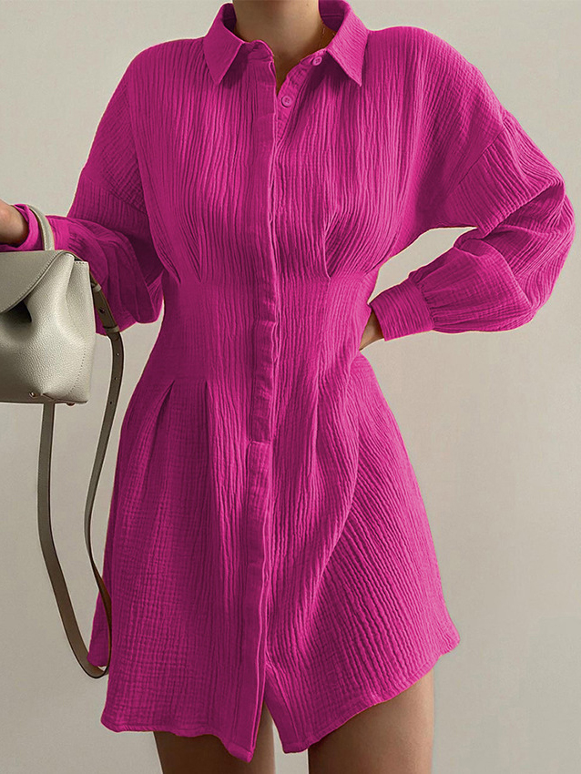 Nipped in the waist Pleated Long sleeve Drape Cotton A line Shirt Dress