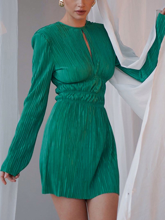 French Solid Pleated A Line Cutout Dress
