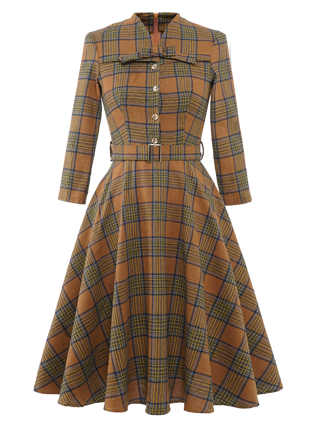 Hepburn French Retro Three quarter Sleeve Lace British Plaid Bow Literary Swing Dress