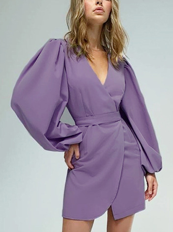 V Neck High Waist Balloon Sleeve French Long Sleeve Dress