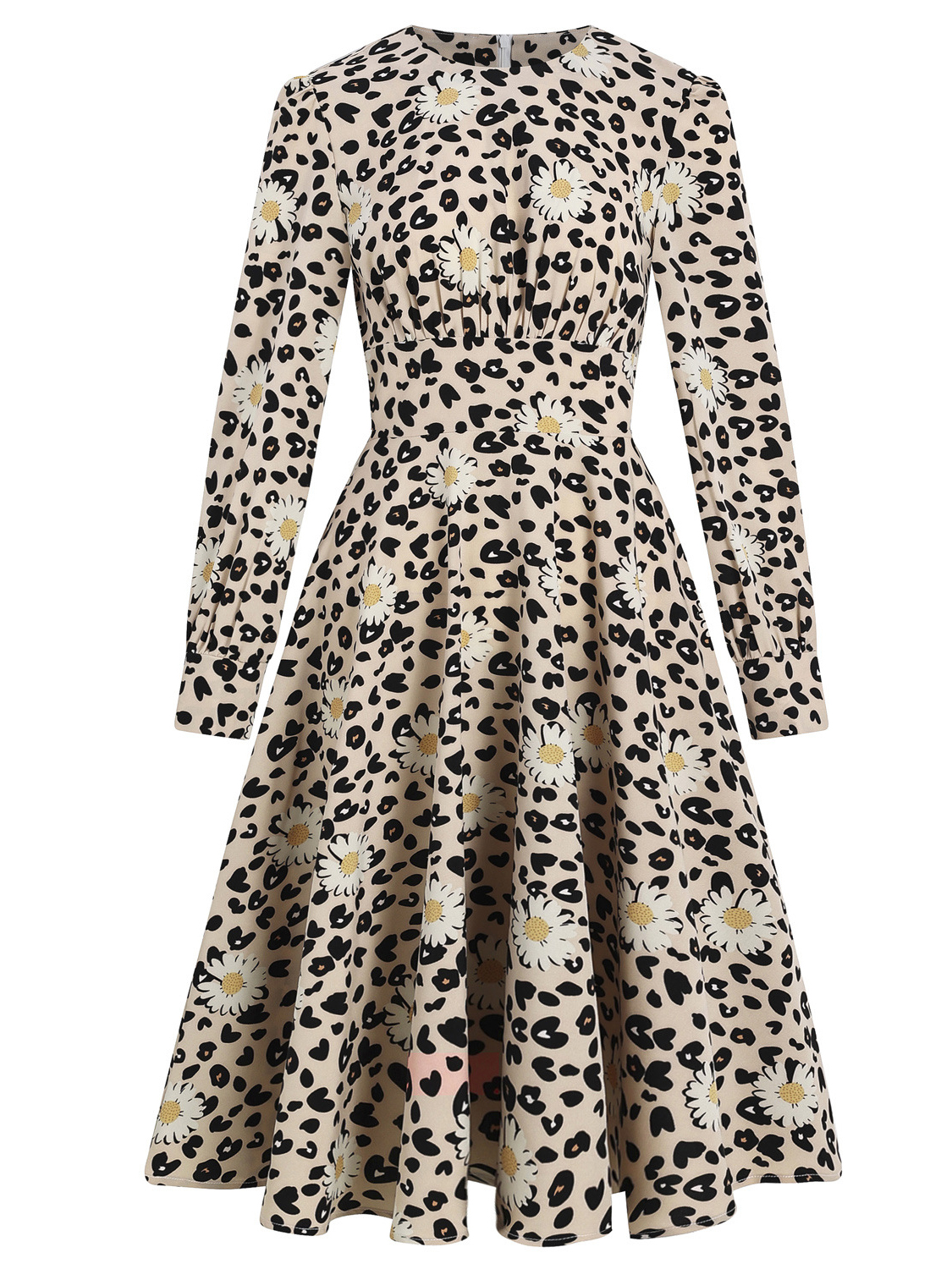 Hepburn Retro Tunic Leopard Print Small Chrysanthemum Print Puff Sleeve Long Sleeve Round Neck Dress