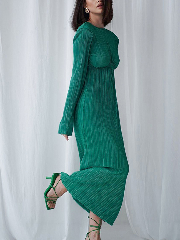 Round Neck Hollow Sexy Temperament Open Back Slim Long Sleeve Pleated Dress