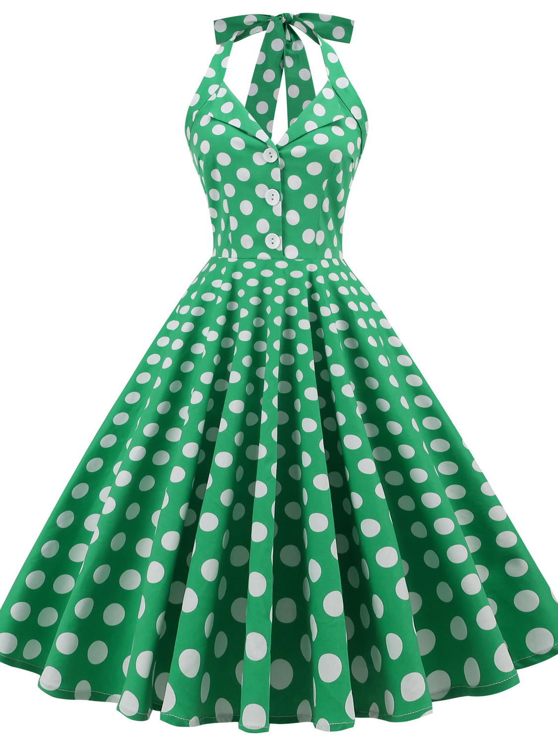 Hepburn Style Lapel Cardigan Polka Dot Green Halter Neck Open Back Sexy Mid length Dress