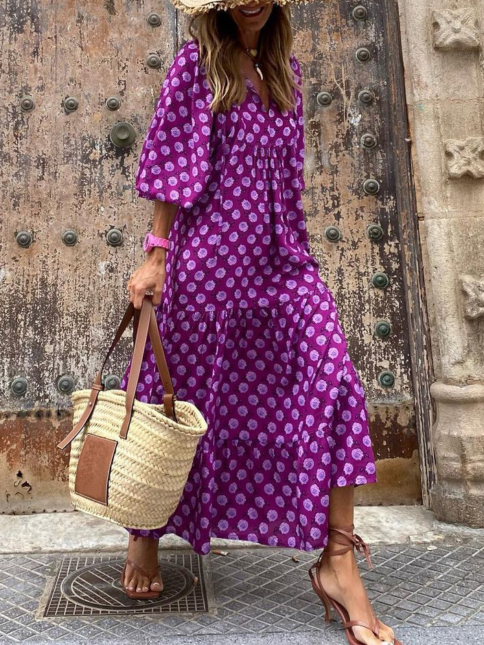 Floral Print V Neck Balloon Sleeve Maxi Dress