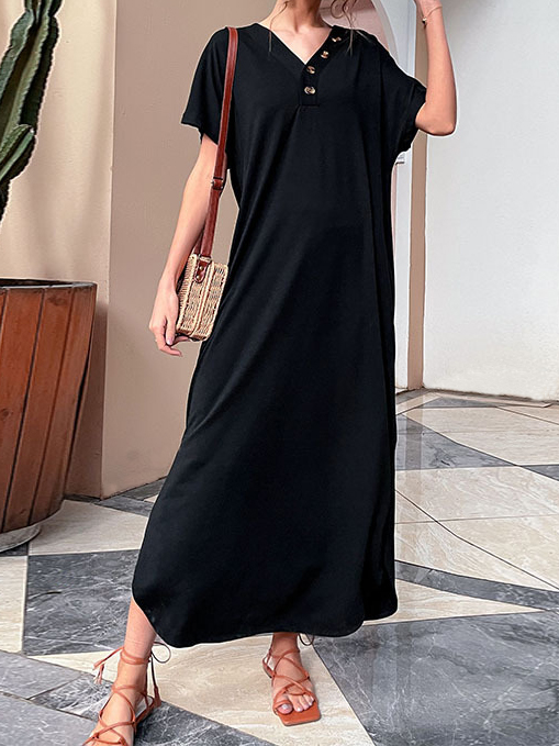 Solid V neck Button embellished Short sleeve Maxi Dress