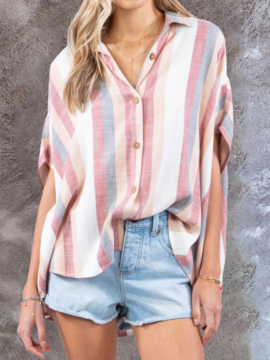 Women's Casual Rainbow Striped Short Sleeve Shirt