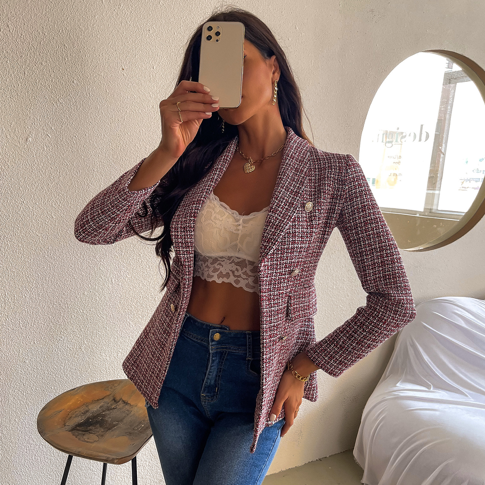 New Fashion Long sleeved Plaid Blazer