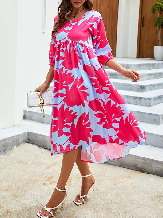 Resort Maple Print Crew Neck Mid Sleeve Doll Dress
