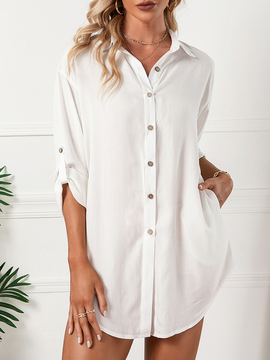 Casual Loose Solid Color Single Breasted Shirt Dress