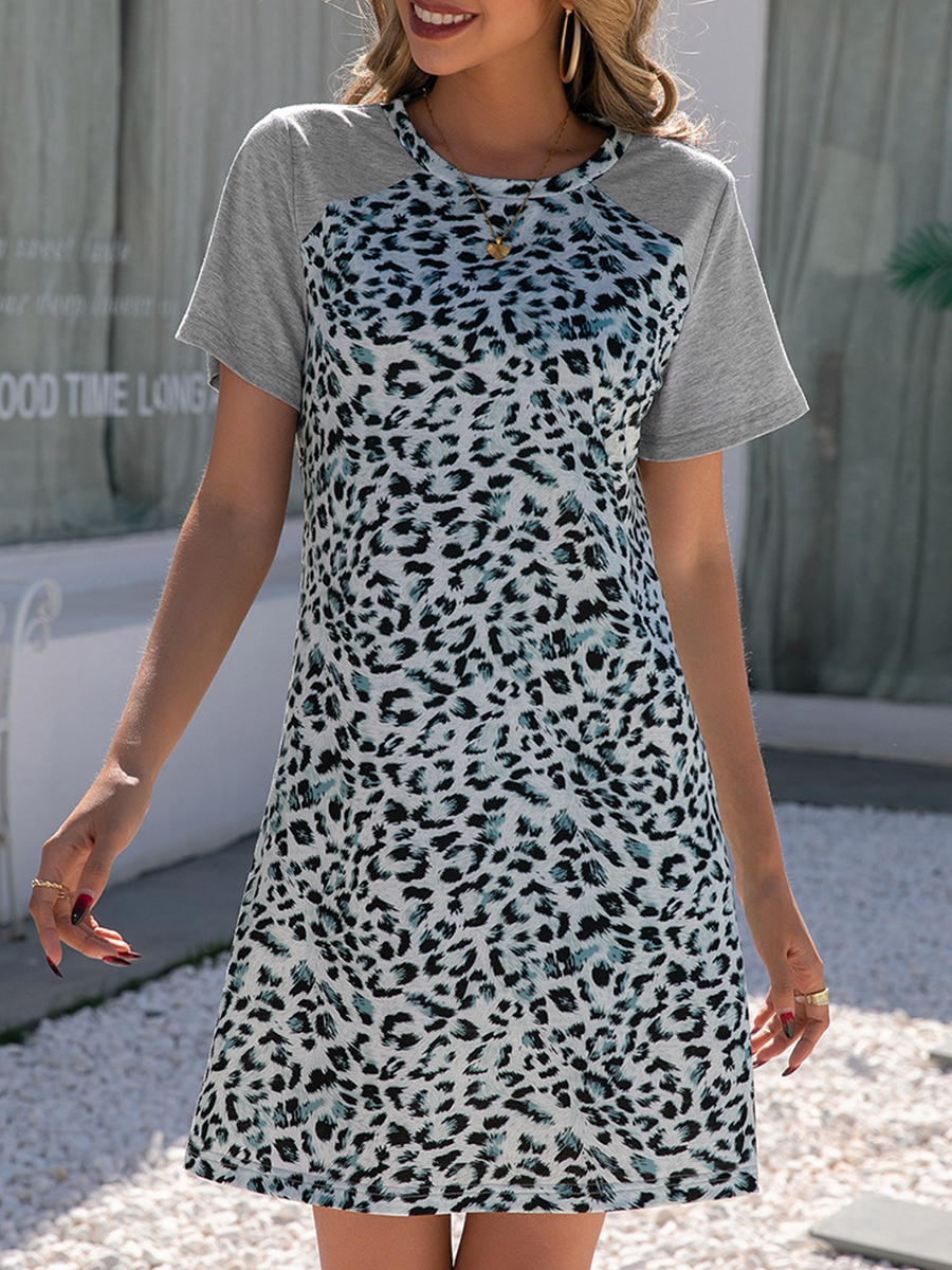 Leopard Print Colorblock Crew Neck Short Sleeve Dress