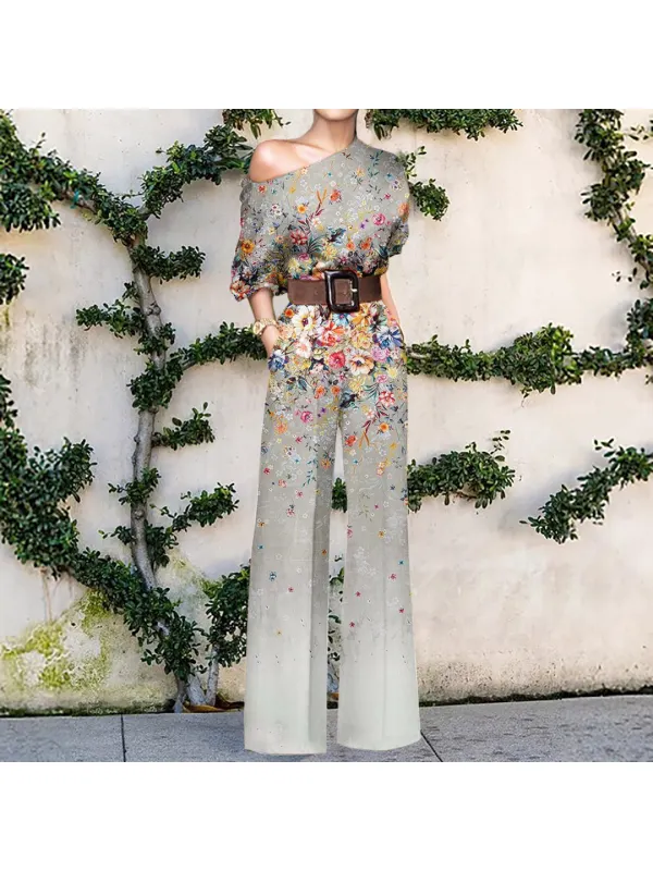 New Fashion Floral Print One Shoulder Holiday Casual Jumpsuit Women - Funluc.com 