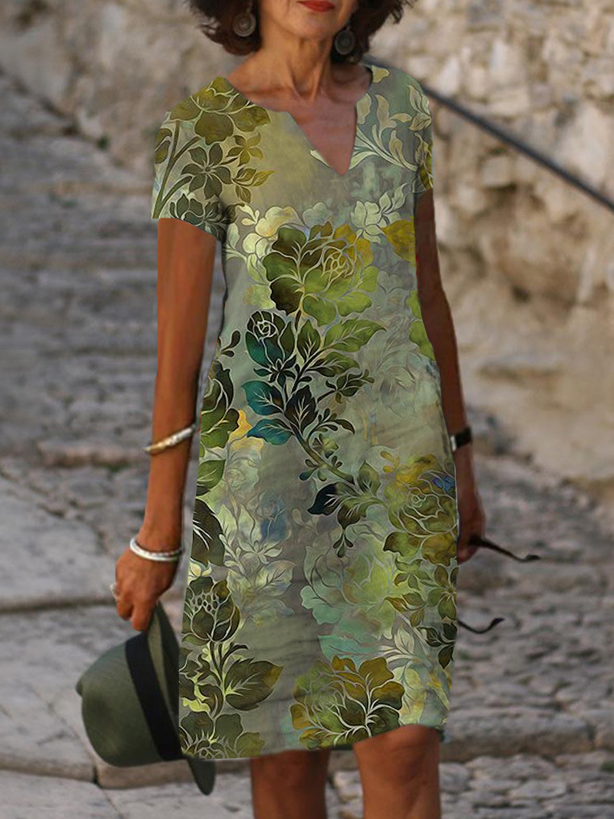 Floral Print V neck Short Sleeve Midi Dress Women