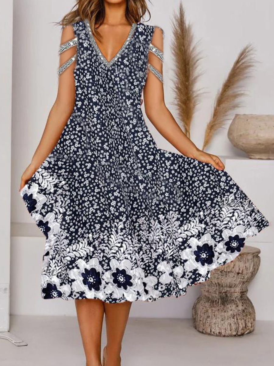Printed V neck Fashion Loose Dress