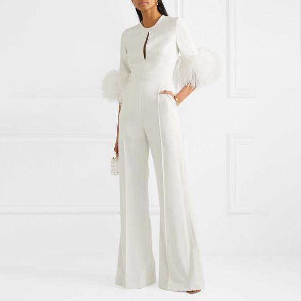 Women's Elegant Pure White Feather Jumpsuit