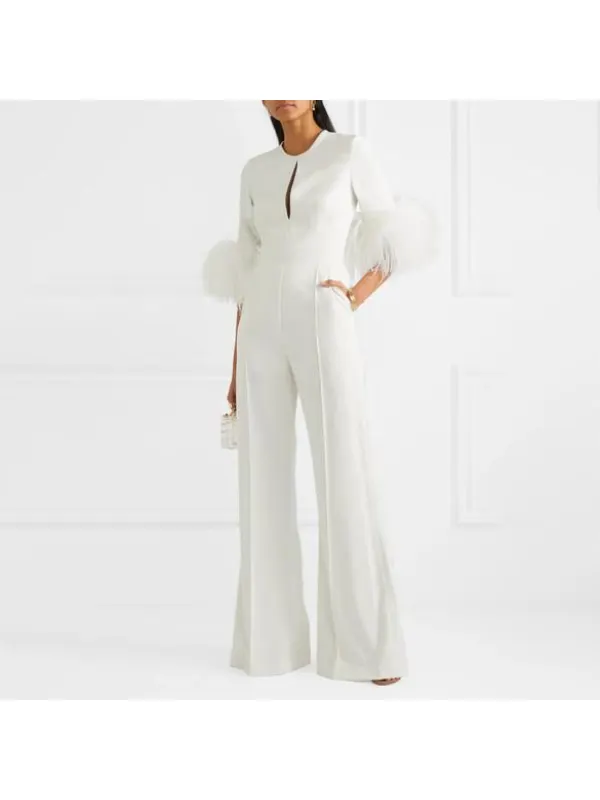 Women's Elegant Pure White Feather Jumpsuit - Ininrubyclub.com 
