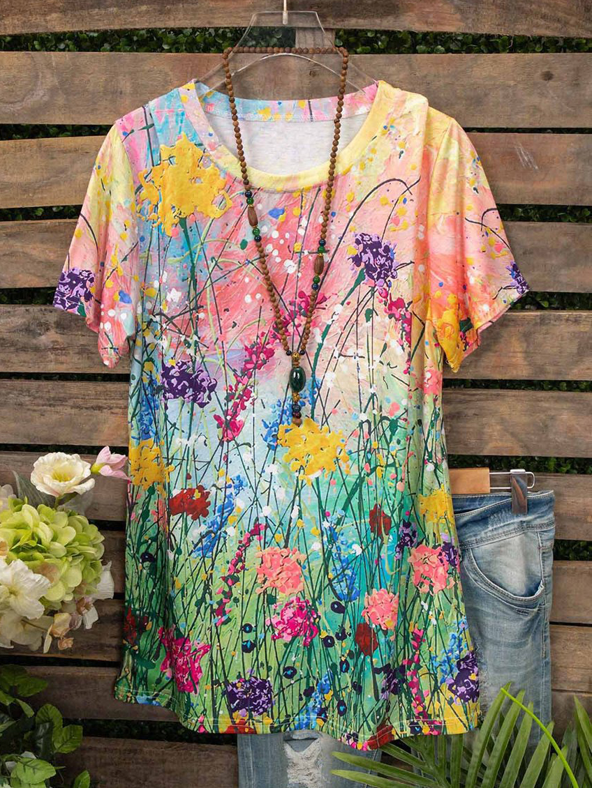 Oil Painting Print Crew Neck Short Sleeve Loose T shirt