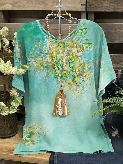 Oil Painting Floral Print Crew Neck Short Sleeve Casual Loose T shirt