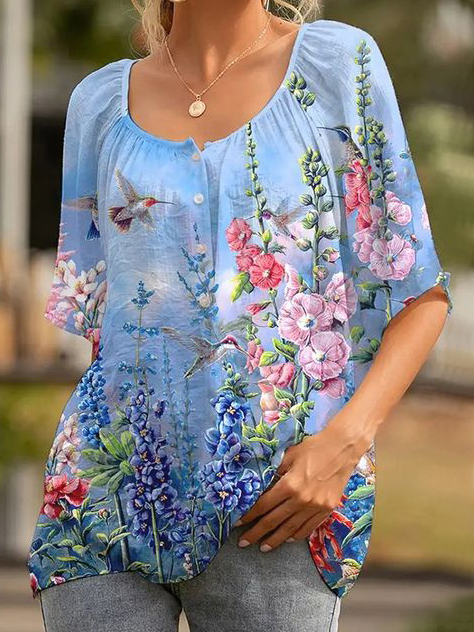 Cotton And Liene Oil Painting Floral Print Crew Neck Short Sleeve Blouse